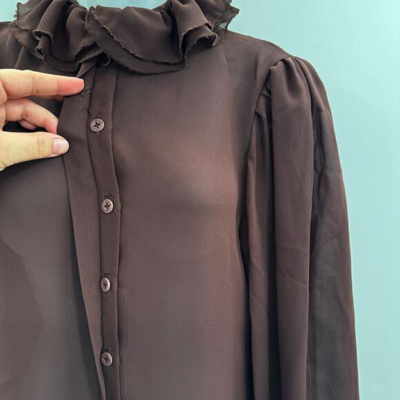 Vintage Augie Ruffle Neck Sheer Button Up Blouse S/M* Chocolate Brown Victorian - Picture 5 of 12